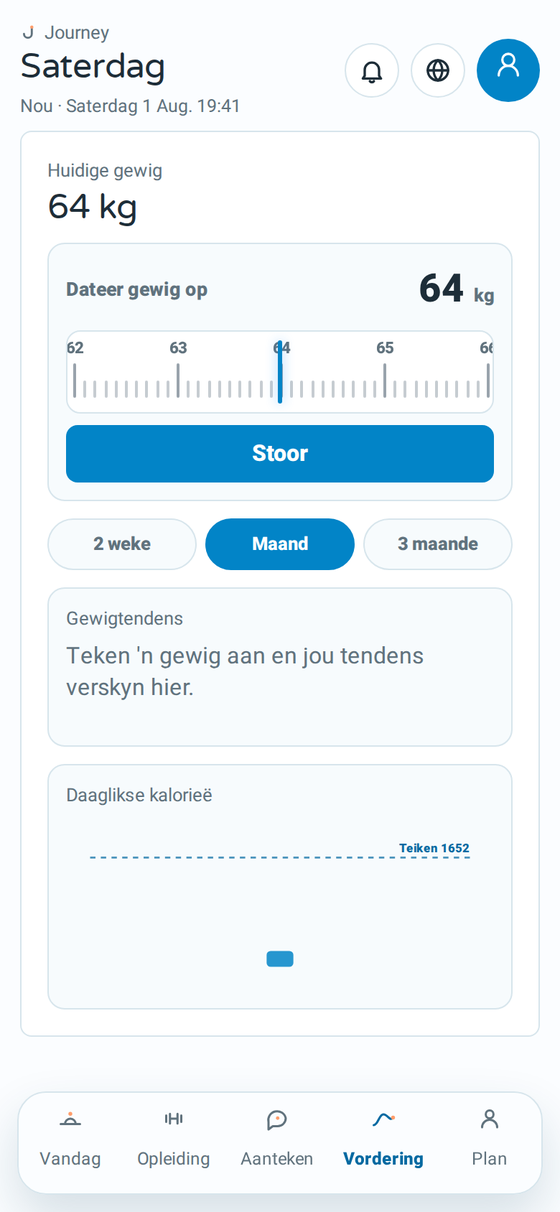 Journey se vorderingskerm met die gewigstendens