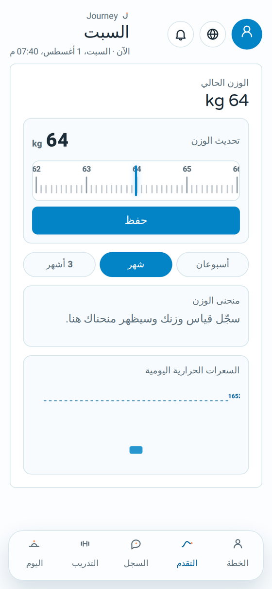 شاشة التقدّم في Journey مع منحنى الوزن