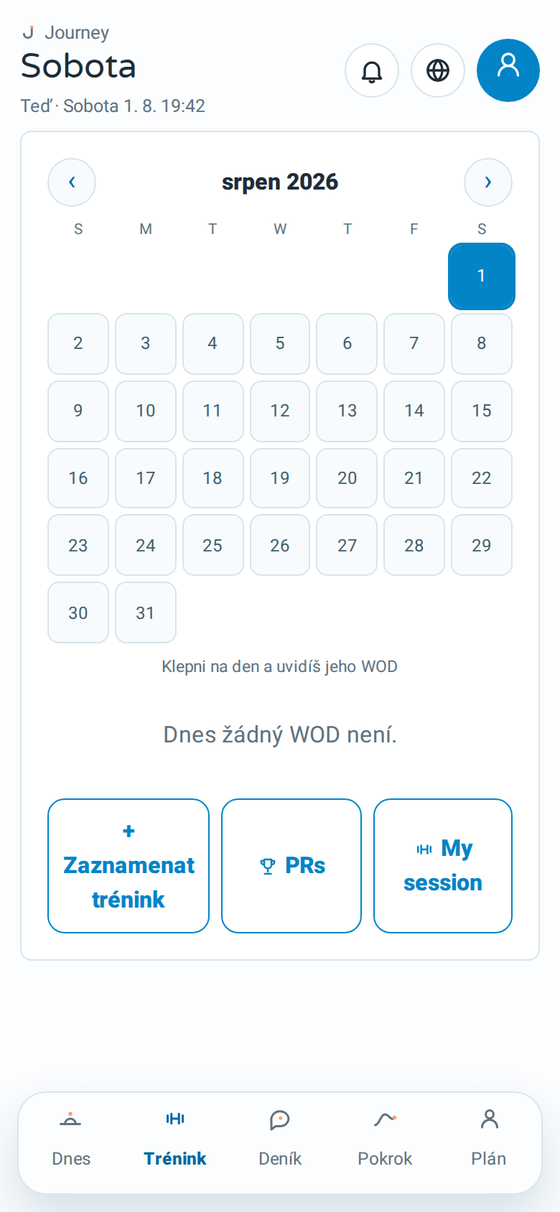 Obrazovka tréninku v Journey s denním WOD