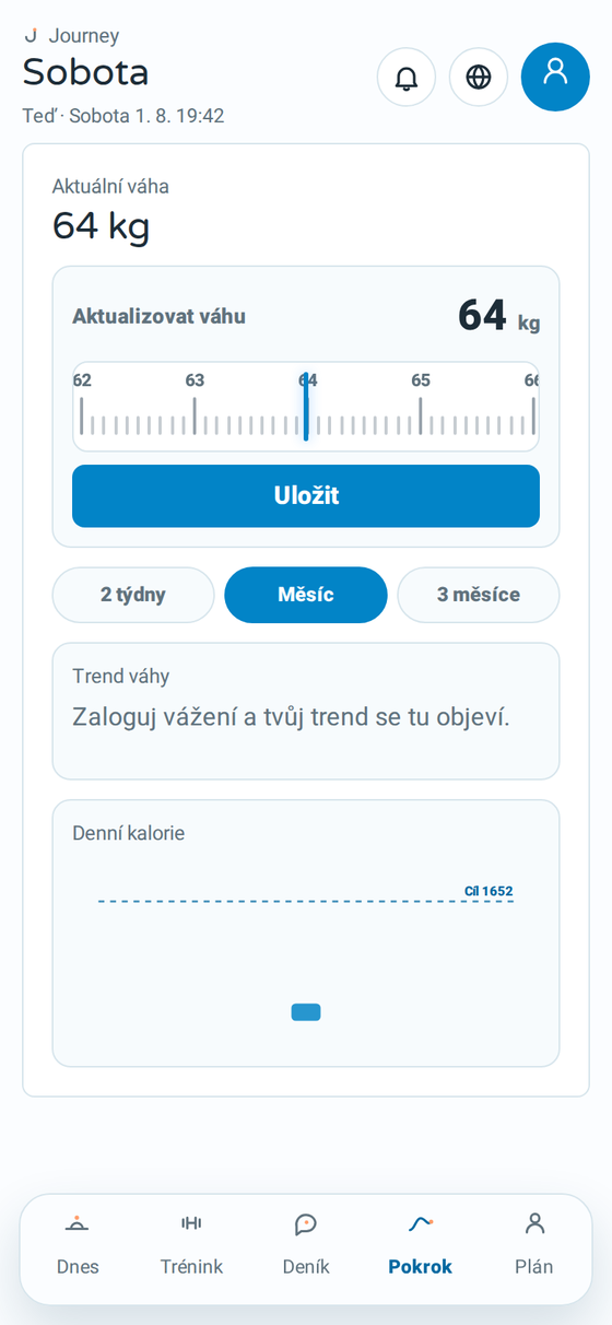 Obrazovka pokroku v Journey s trendem váhy