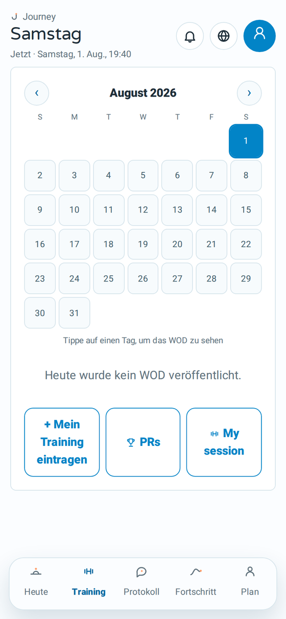 Journeys Trainingsbildschirm mit dem täglichen WOD