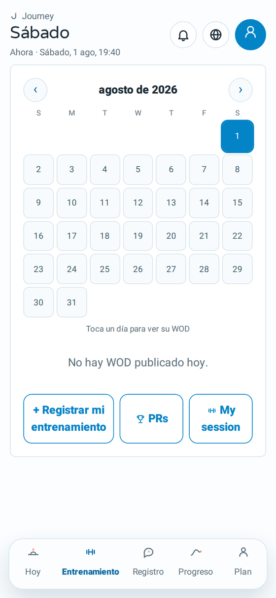 Pantalla de entrenamiento de Journey con el WOD del día