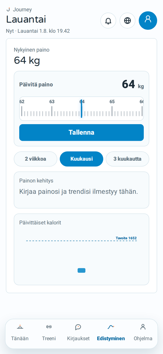 Journeyn edistymisnäkymä painonkehityksellä