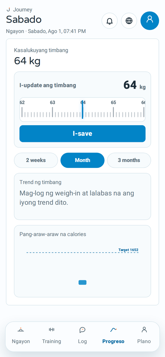 Progress screen ng Journey na may weight trend