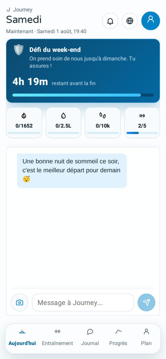 L'écran Aujourd'hui de Journey avec le journal des repas
