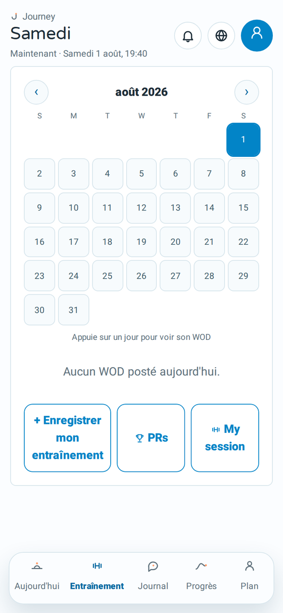 L'écran d'entraînement de Journey avec le WOD du jour