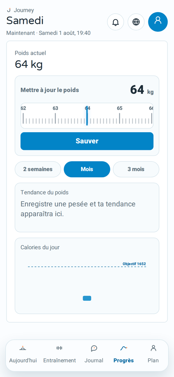 L'écran de progression de Journey avec la tendance de poids