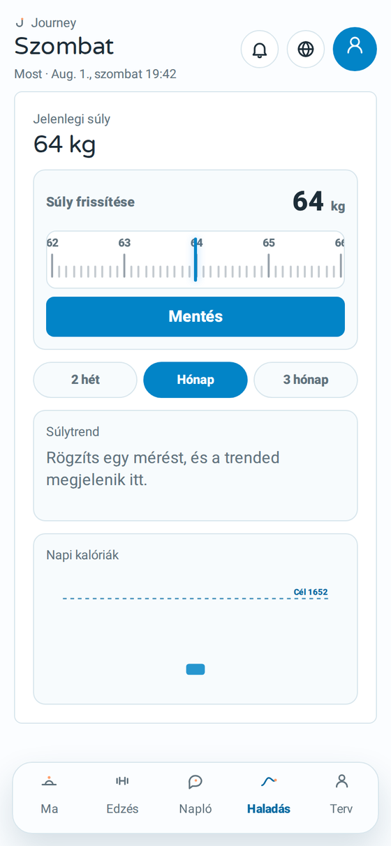 A Journey haladás képernyője a testsúly-trenddel
