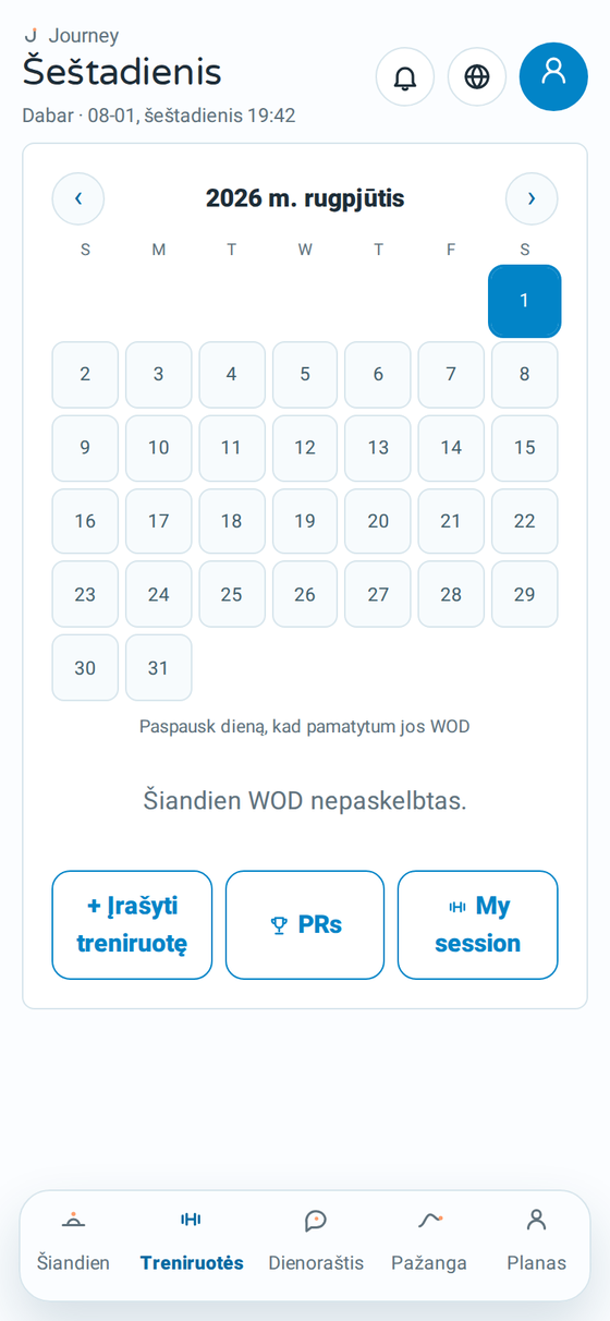 Journey treniruočių ekranas su dienos WOD