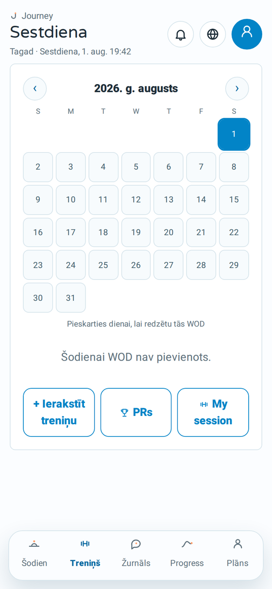 Journey treniņu ekrāns ar dienas WOD