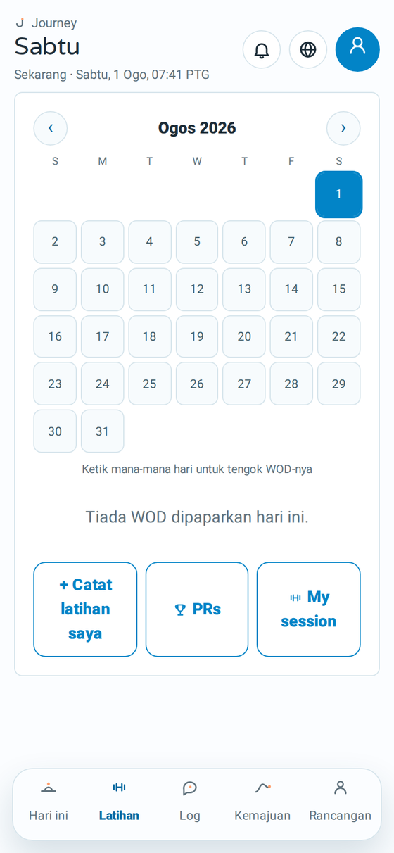 Skrin latihan Journey dengan WOD harian
