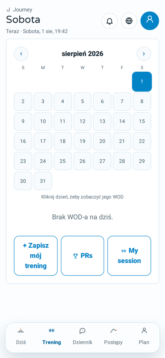 Ekran treningowy Journey z dzisiejszym WOD-em