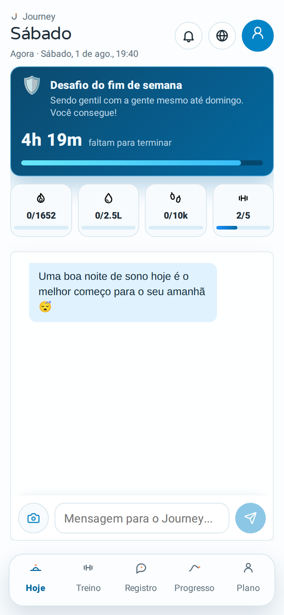 Tela Hoje do Journey com o diário de refeições