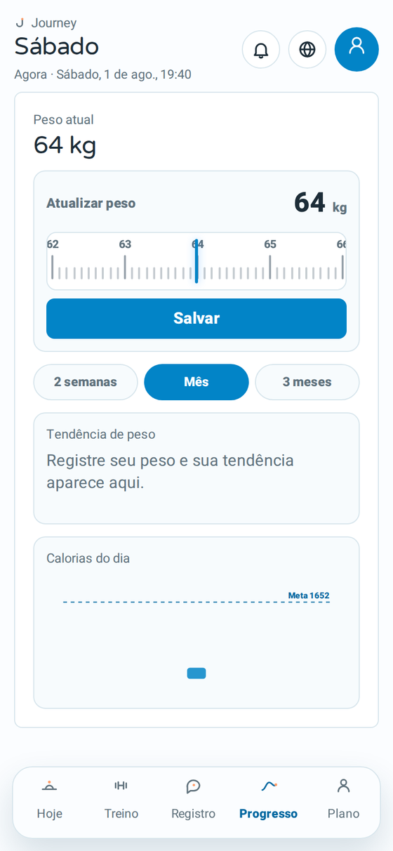 Tela de progresso do Journey com a tendência de peso