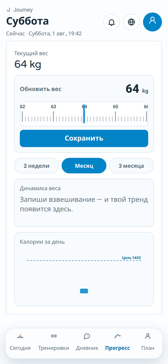Экран прогресса Journey с динамикой веса