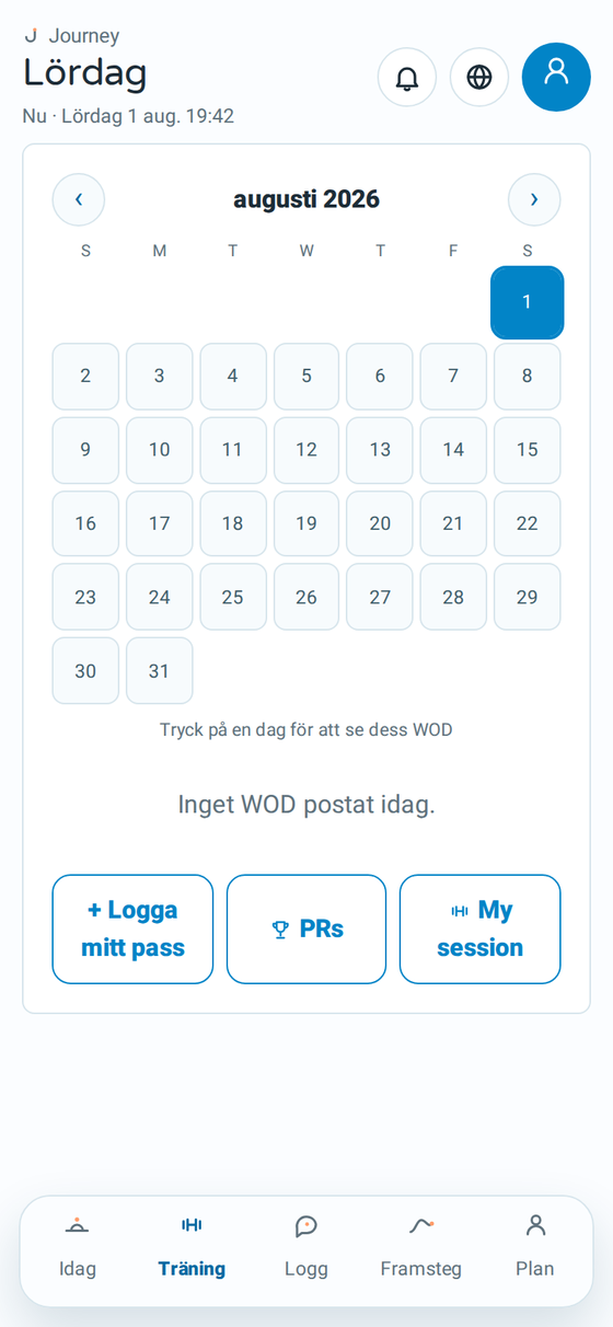Journeys träningsvy med dagens WOD
