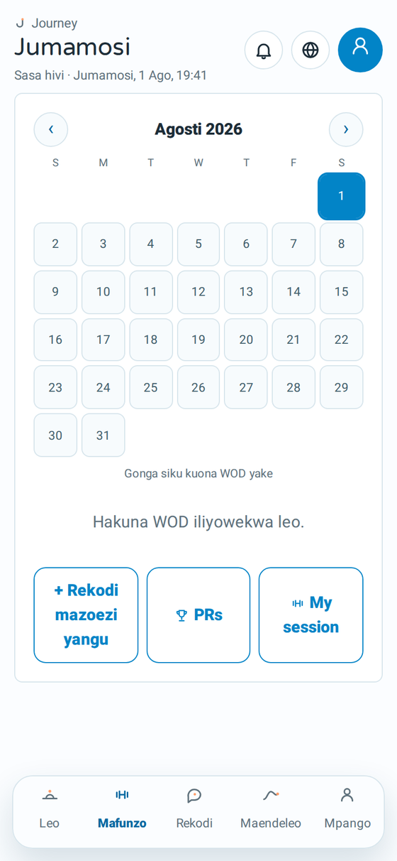 Skrini ya mazoezi ya Journey ikionyesha WOD ya siku