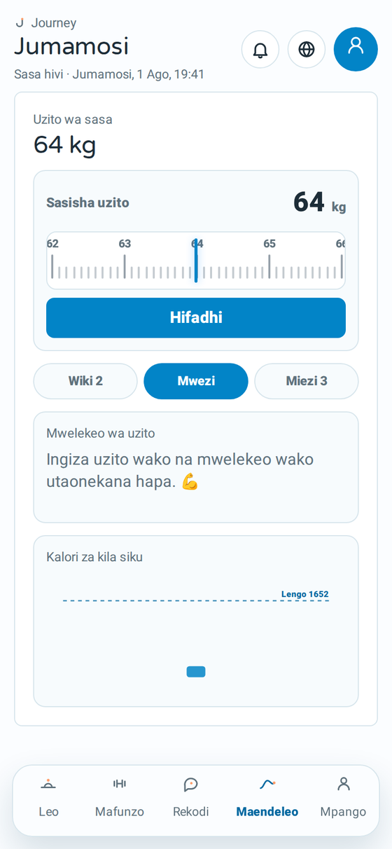 Skrini ya maendeleo ya Journey ikionyesha mwelekeo wa uzito