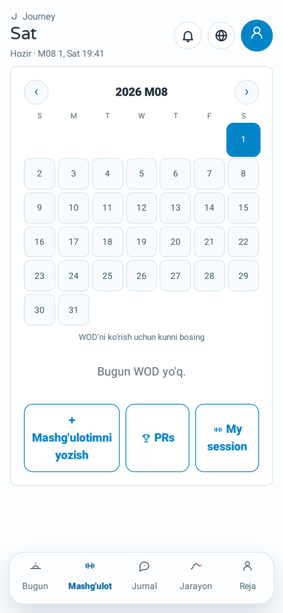 Journey'ning kunlik WOD'i ko'rsatilgan trening ekrani