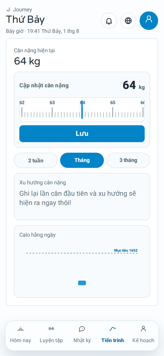 Màn hình tiến trình của Journey với biểu đồ cân nặng